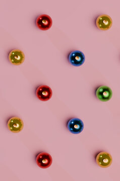 Vertical 3D Christmas ornament grid in red, gold and blue