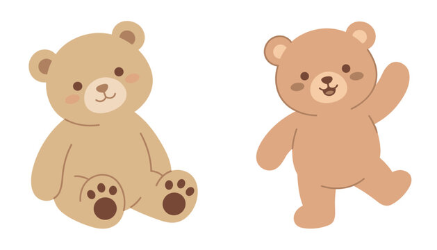 Two adorable cartoon teddy bears in playful poses . Sitting plush animal, standing waving cub, brown bear characters, childish design elements .