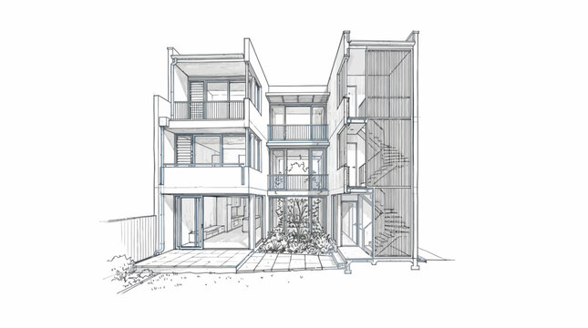 Detailed architectural drawing illustrates the rear view of a contemporary multi-story house with balconies and a patio.