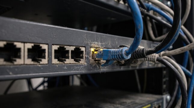 Network switch server rack with connected blue ethernet cable and blinking lights networking equipment data center patch panel internet connection server hardware port status telecommunications