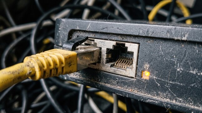 Yellow ethernet network cable plugged into black router port with internet connection data cable lan cable network device wired connection broadband internet patch cable office equipment