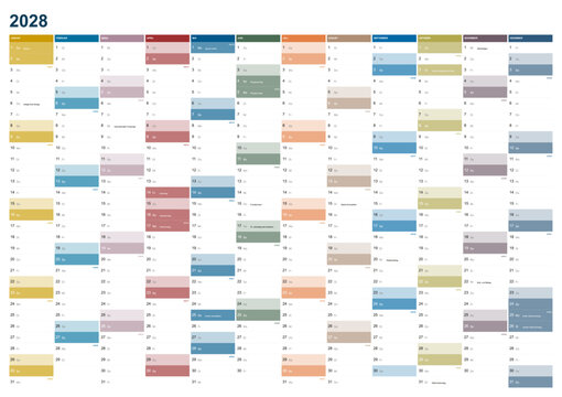 Calendar for the year 2028 with German holidays in German language. Differently colored months. Wallplanner, span-a-year calendar