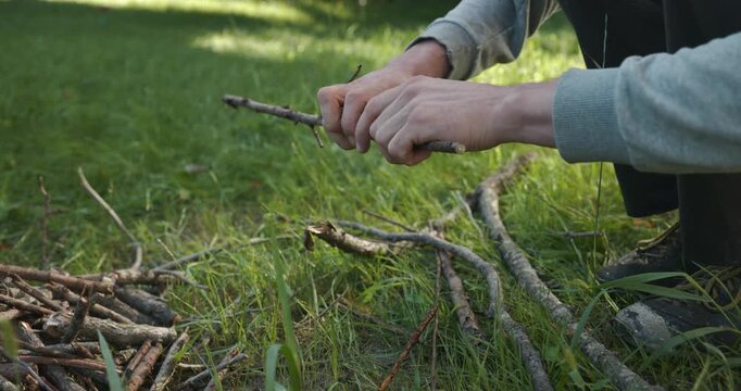 Close-up male hands break twigs, chop branches for firewood. 4K 10-b