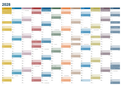 Calendar for the year 2028 with Spanish holidays in Spanish language. Differently colored months. Wallplanner, span-a-year calendar