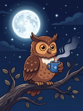 Cute Cartoon Owl Perched on a Tree Branch Holding a Steaming Cup of Coffee Under a Full Moon Night Sky Illustration