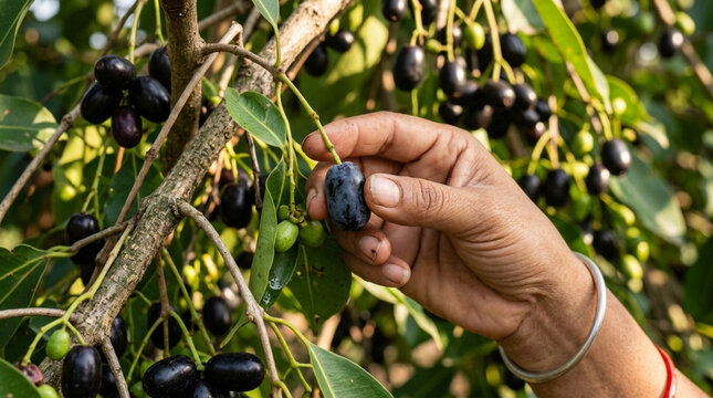 Hand picking ripe black java plum fruits from tree branch in garden