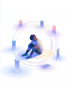 Isolation in the Digital Age: A young man sits hunched and alone within a circle of glowing smartphones, illustrating the paradox of connection and disconnection in modern society.