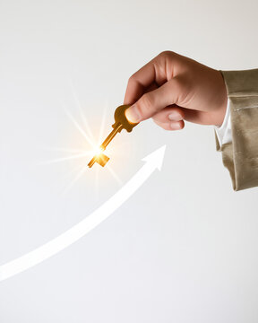 The Golden Key to Success: A businessman's hand holds a shining golden key above a rising arrow graph, symbolizing opportunity, growth, and achievement in business.