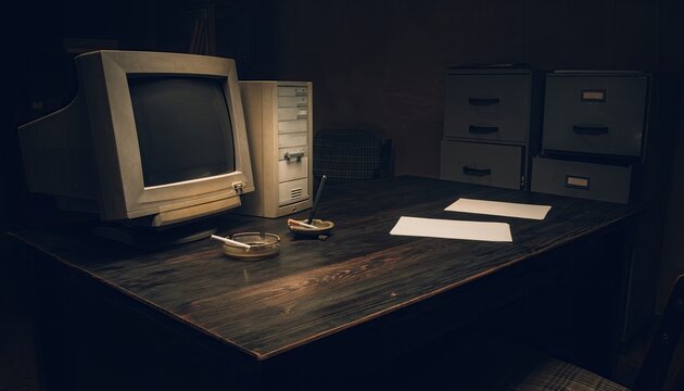 Vintage Computer Setup on a Dark Wooden Desk with Filing Cabinets.