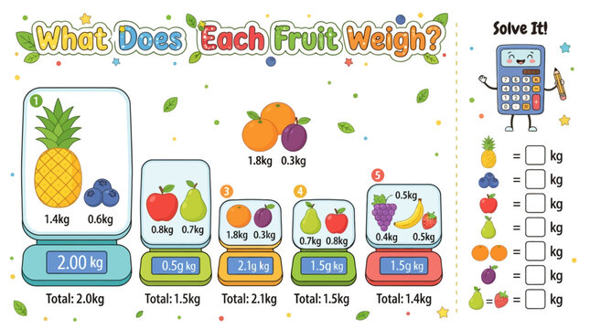 Children solving fruit weight math problems on educational worksheet