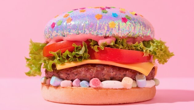 Whimsical Candy Burger with Colorful Sprinkles and Marshmallows.