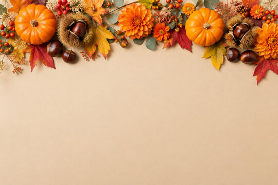 カボチャと栗と紅葉の秋の背景素材 コピースペース付き/Autumn background with pumpkins, chestnuts, and fall leaves with copy space