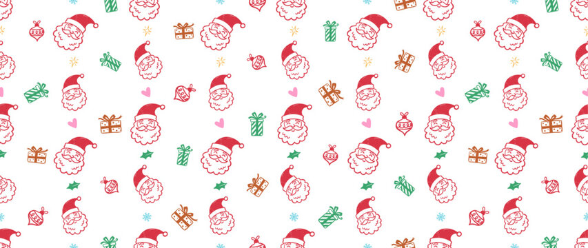 Seamless Christmas pattern featuring cute Santa Claus faces, gift boxes, and festive holiday ornaments in retro pastel colors