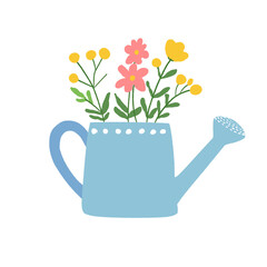 Hand Drawn Wildflowers Bouquet in Blue Watering Pot Clipart Isolated on White © devart