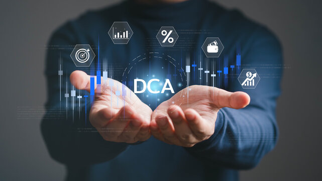 Dollar-cost averaging investment concept showing hands holding a financial interface with market charts, target, percentage, cash, growth icons, representing disciplined investing and wealth building.