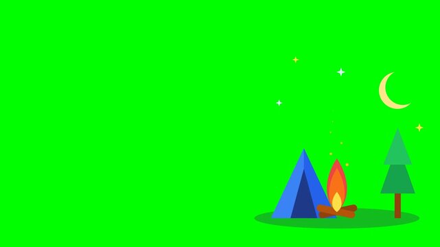 Camping tent and bonfire illustration on green screen