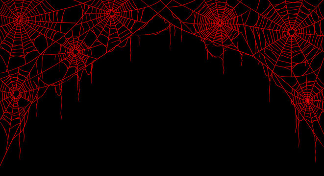 Spooky red spider web border with hanging cobwebs on a black background, perfect for halloween designs and horror themes