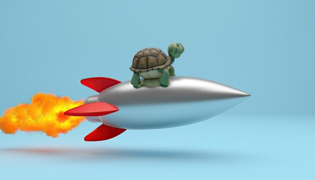 Funny cartoon turtle riding a rocket ship with flames.
