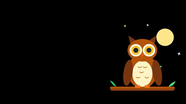 Cute cartoon owl sits on a branch at night with a full moon