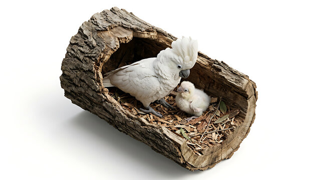 White cockatoo nesting with adorable chick inside hollow log shelter filled with wood shavings on white backdrop.
