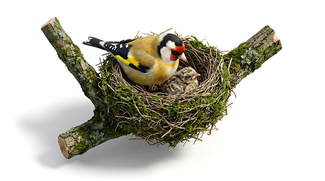 European goldfinch caring for its patterned chick inside mossy twig nest built on tree branch over white backdrop.