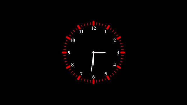 A simple analog red and white clock face with black numerals and hands is displayed against a solid black background. Minimalist Analog Clock Isolated .