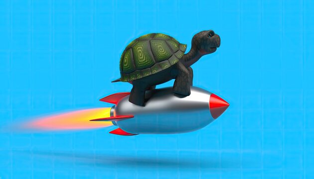 Humorous Cartoon Turtle Riding a Rocket Ship.