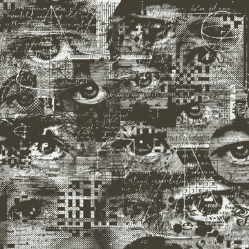 Abstract seamless vector pattern featuring vintage engraved human eyes, handwritten scripts, geometric elements, halftone textures and distressed grunge effects. Monochrome surreal collage for wallpap