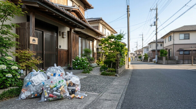 Garbage Collection and Recycling Day in a Japanese Residential Neighborhood