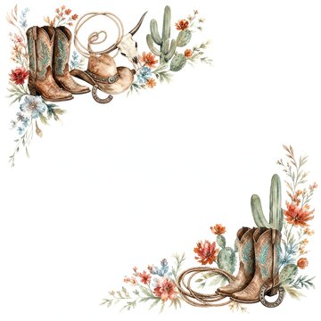 Watercolor Western Corner Borders Of Cowboy Boots And Wildflowers