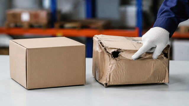 Damaged package inspection shows worker examining torn cardboard box beside intact parcel in warehouse