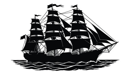 Detailed silhouette of a sailing ship with billowing sails on water © RATNARANI