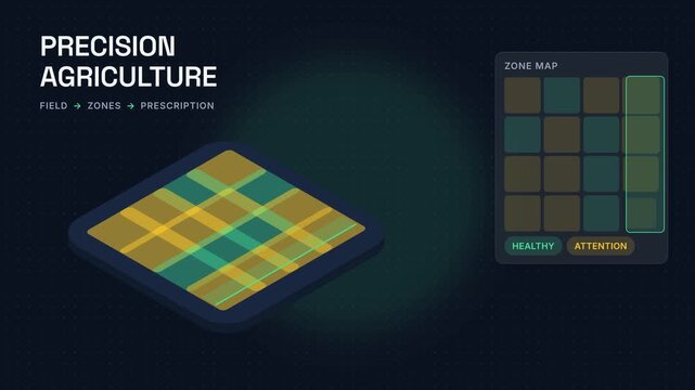 Isometric smart agriculture dashboard showing precision field monitoring zone mapping and agronomy data analytics interface with crop scanning statistics and high tech farm management telemetry