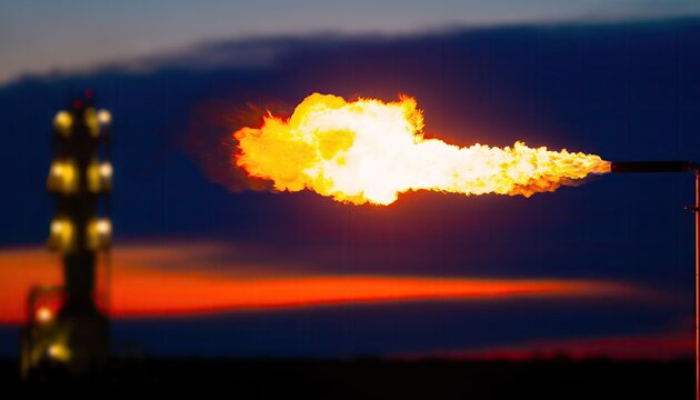 Industrial Flare Stack Burning Natural Gas at Dusk.