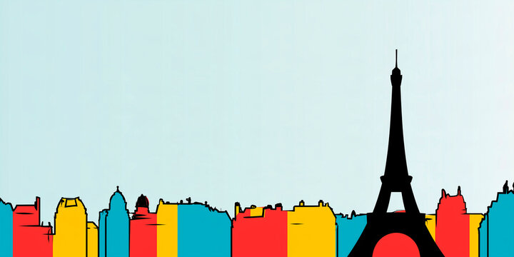 Vibrant 1980s Pop Art Illustration of Paris Eiffel Tower with Wide Copy Space