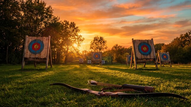 Archery bow and arrows on grass in front of targets at sunset