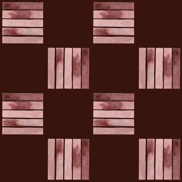 Seamless pattern of red hand drawn watercolor brushstrokes strokes illustration. Decoration, design, fabric, wrapping. Summer vibes. Peel and Stick. On burgundy background. Abstrac tile.