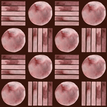 Seamless pattern of red hand drawn watercolor brushstrokes strokes dot circle illustration. Decoration, design, fabric, wrapping. Summer vibes. Peel and Stick. On burgundy background. Abstract tile.
