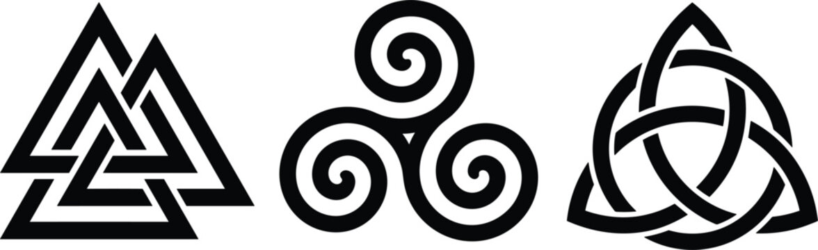 Ancient celtic and norse symbol vector set valknut triskelion triquetra knot isolated white background pagan mythology collection design.eps