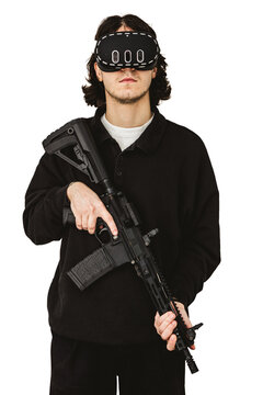 Man wearing virtual reality headset holding AR-15 rifle controller for VR training