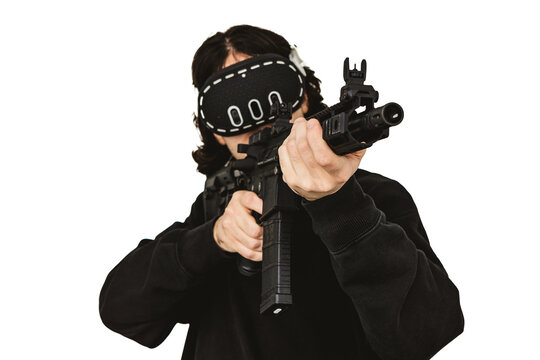 Man wearing virtual reality headset aiming AR-15 rifle controller in VR training simulation