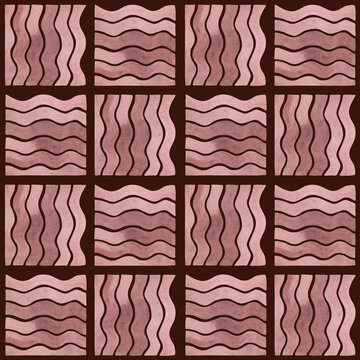 Seamless pattern of sea ​​marine red hand drawn watercolor wawes illustration. For decoration, design, fabric, wrapping paper. On burgundy background. Bottom Abstract underwater decor Summer vibes