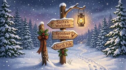 Fototapeta premium Wooden signpost pointing to santa workshop in snowy winter forest at