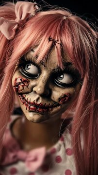 Horror doll of halloween with cracked and dirty porcelain skin with long pink hair on dark background