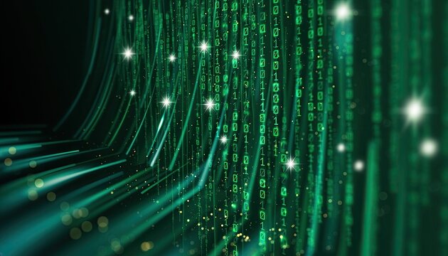 Abstract Digital Data Stream with Glowing Binary Code and Particles.