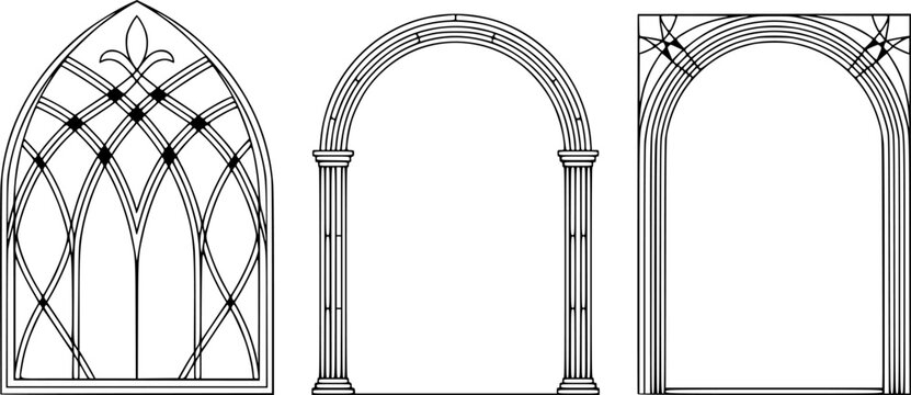 Gothic window and classical architectural arch frames vector line art set