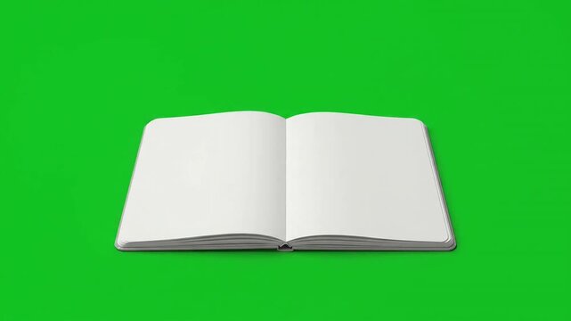 Open notebook turning blank white pages on green screen background