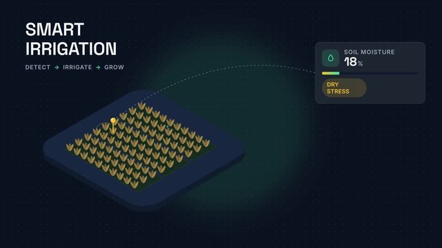 Isometric smart agriculture dashboard showing automated irrigation control interface with field water management telemetry and precision crop hydration sensor analytics