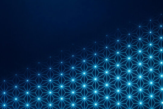 Japanese asanoha pattern as glowing cyan circuit lines on dark background