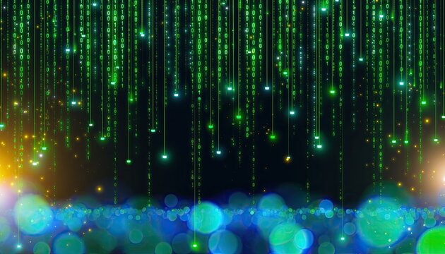 Abstract Green Digital Rain with Bokeh Lights and Lens Flare.